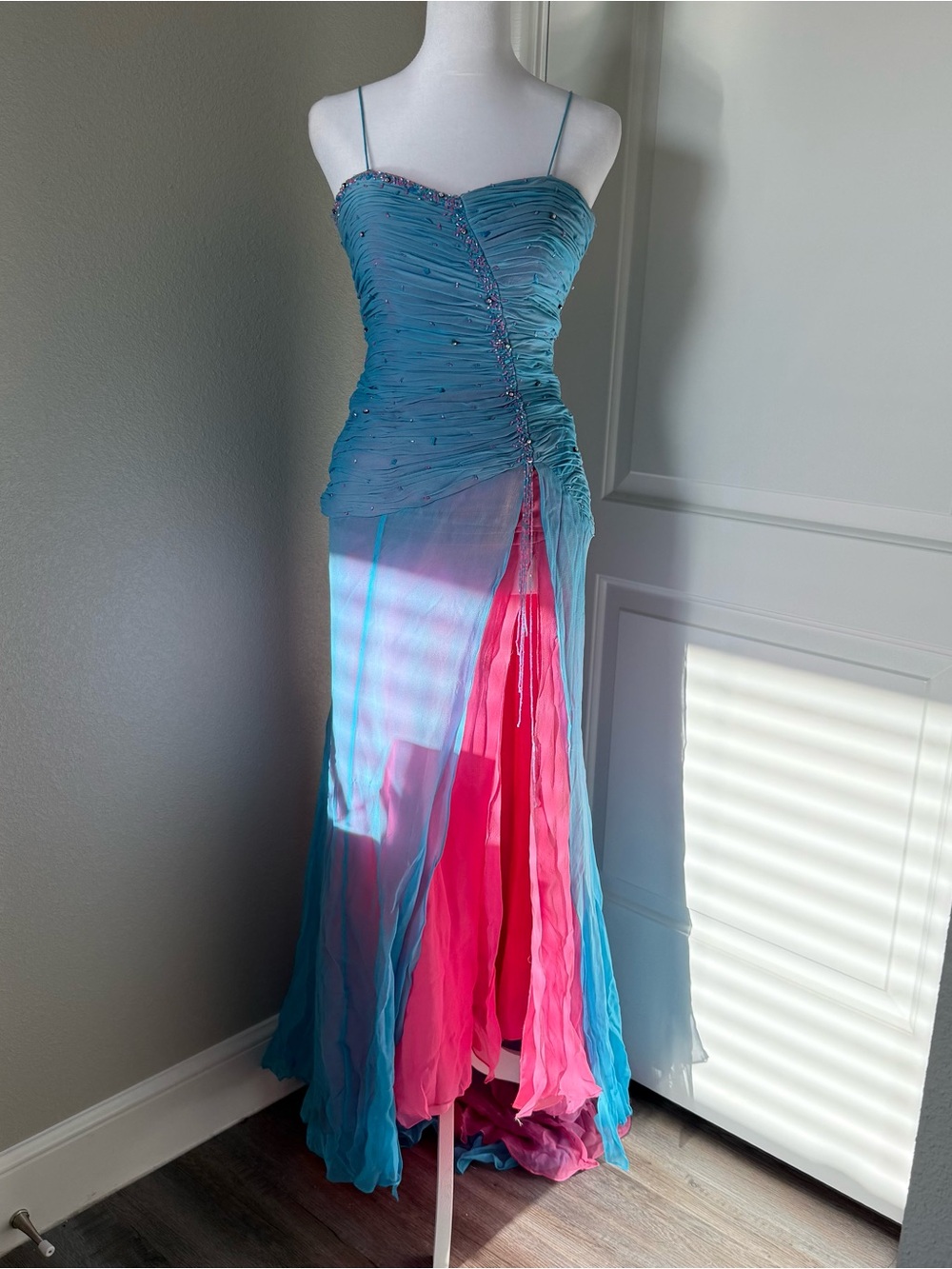 Turquoise & Hot Pink Spaghetti Strap Beaded Fairy Evening Gown